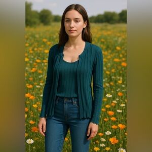 Anthropologie Teal Field Flower Ruffled Open Cardigan Size Medium